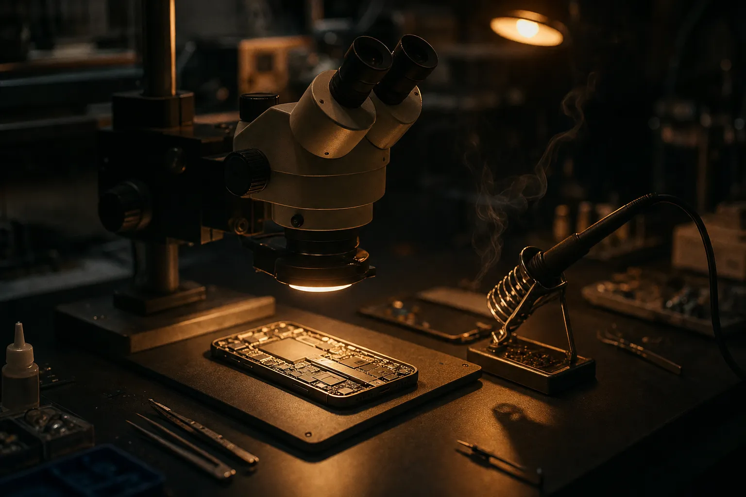 Stereo microscope over an open smartphone on a dark repair bench